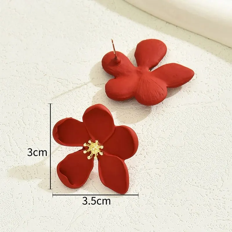 2 PCS Earrings Stud Set Holiday Flower Earrings French Vintage Iron Alloy Dainty Earrings Irregular Minimalist Jewelry Red