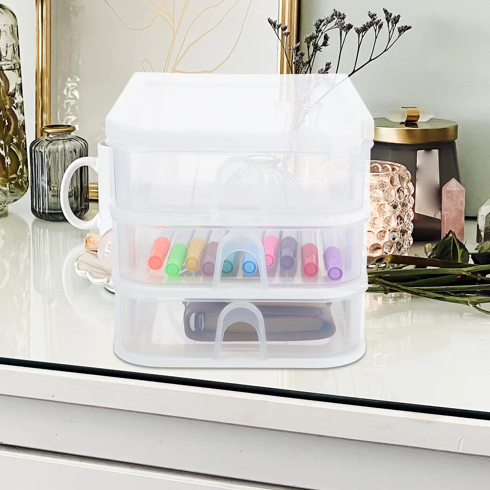Desktop Drawer Box 3-Tier Transparent Plastic Drawer Organizer for Desk Office Storage File Stationery Makeup Sundries with