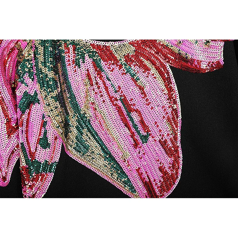 Fashion White Black Women Knitted Tracksuits Casual Two Piece Outfits Loose Sequins Embroidery Sweater Pencil Pants Set Female