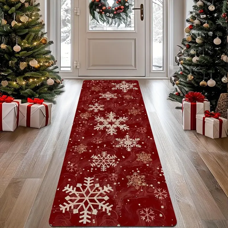 VIKAMA Red Golden Snowflake Runner Mat Merry Christmas Happy New Year Non Slip Washable Rug Hallway Kitchen Festival Decor
