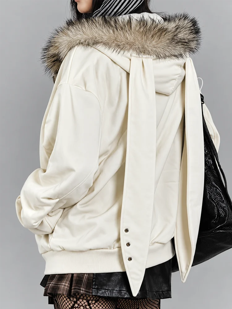 Y2K Women Fur Trim Bunny Ear Zip Hoodie Oversized Graphic Sweatshirt Long Sleeve Pockets Streetwear Outerwear