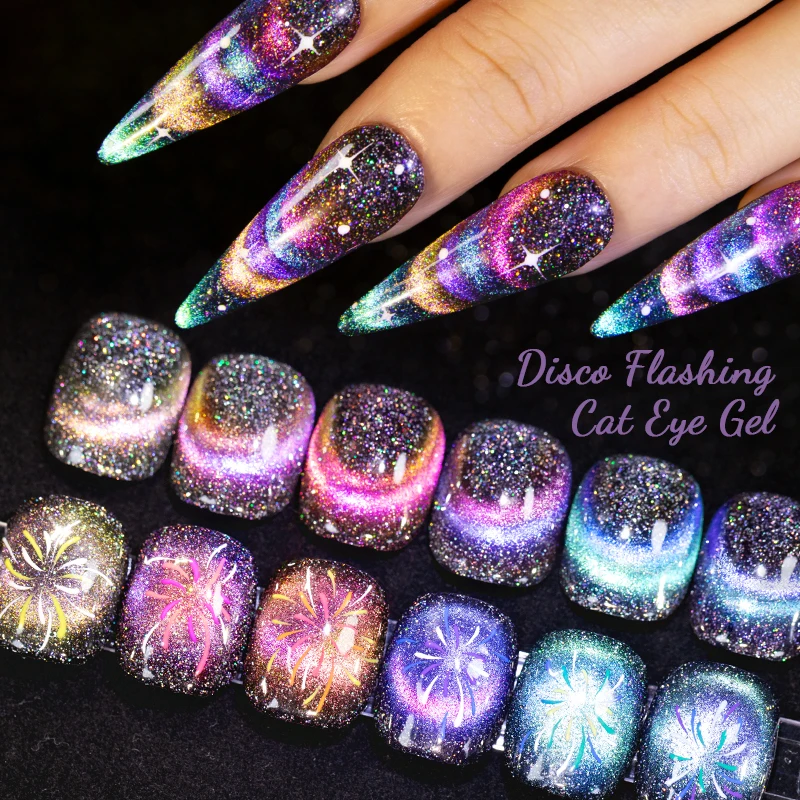 BOZLIN Disco Flashing Cat Eye Gel Set Semi Permanent Dynamic Glitter Reflective Nail Gel Soak Off UV Gel Nail Art Varnish