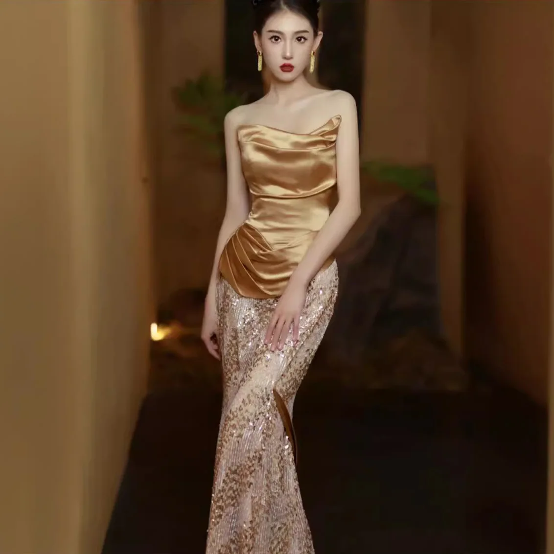 Strapless French Evening Gown Champagne Colored Socialite Banquet Fishtail Skirt, Bride Slimming French Long Style Customized