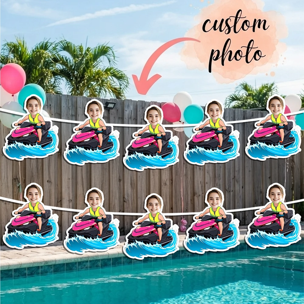 Custom Photo Jet Ski Party Banner with Personalized Face Cutout Water Sport Hanging Flag for Summer Pool Birthday Decoration