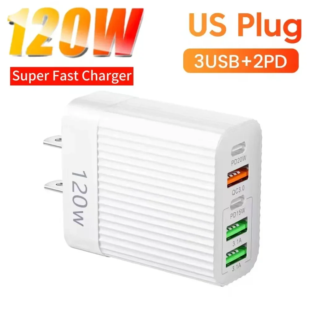 120W USB Fast Charger 5 Ports PD Type C Quick Charge Phone Charger Adapter For iPhone 15 Pro Samsung Huawei USB C Wall Charger