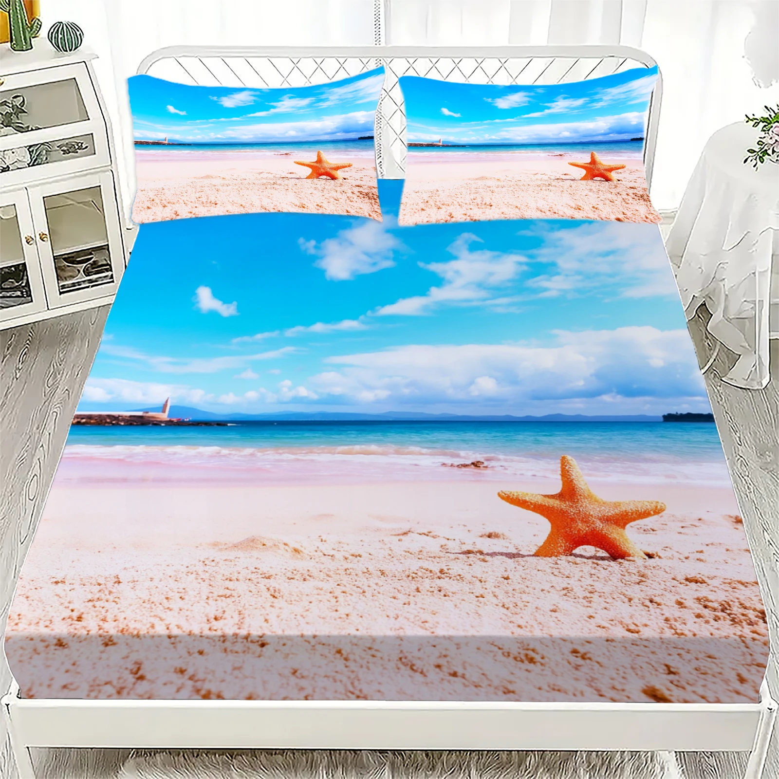 3 قطعة مجموعة ملاءات المجهزة الملونة شاطئ البحر الأزرق موجات طباعة 100% البوليستر تنفس طقم سرير للديكور المنزل مع 2 كيس وسادة