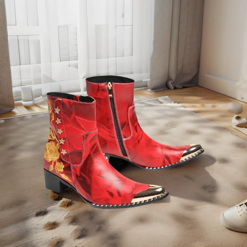 Herbst-Winter-Neue rote bestickte Stiefeletten für Herren, coole Metallkappe mit Nieten, Retro-Muster, seitlicher Reißverschluss, klobiger Absatz, modisch – Detail 3