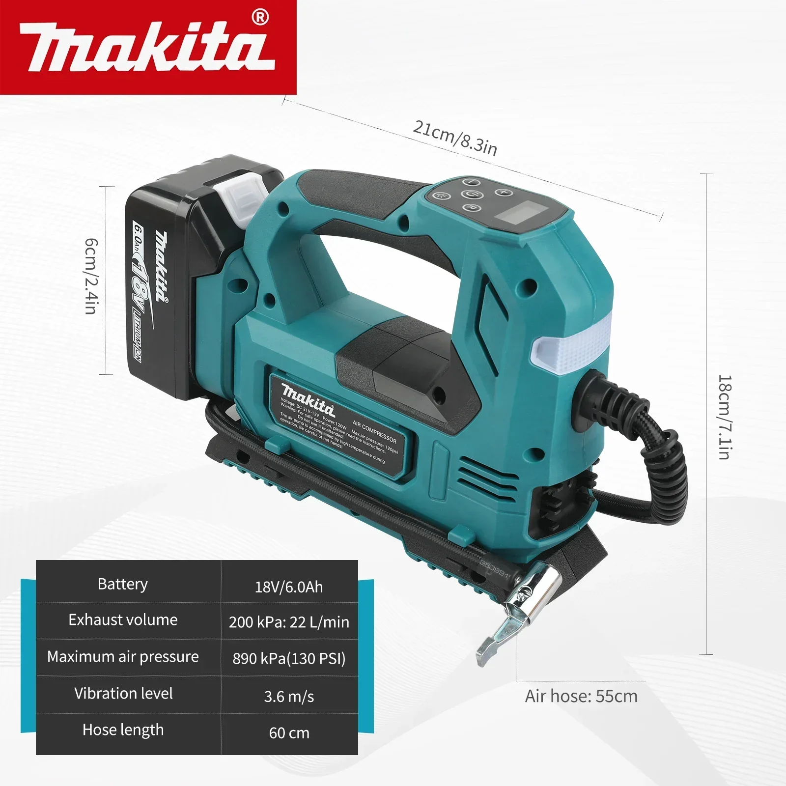 

Литий-ионный аккумуляторный воздушный насос Makita 20 В: портативный шинный насос с цифровым дисплеем, для автомобилей и мотоциклов (боровой инструмент)