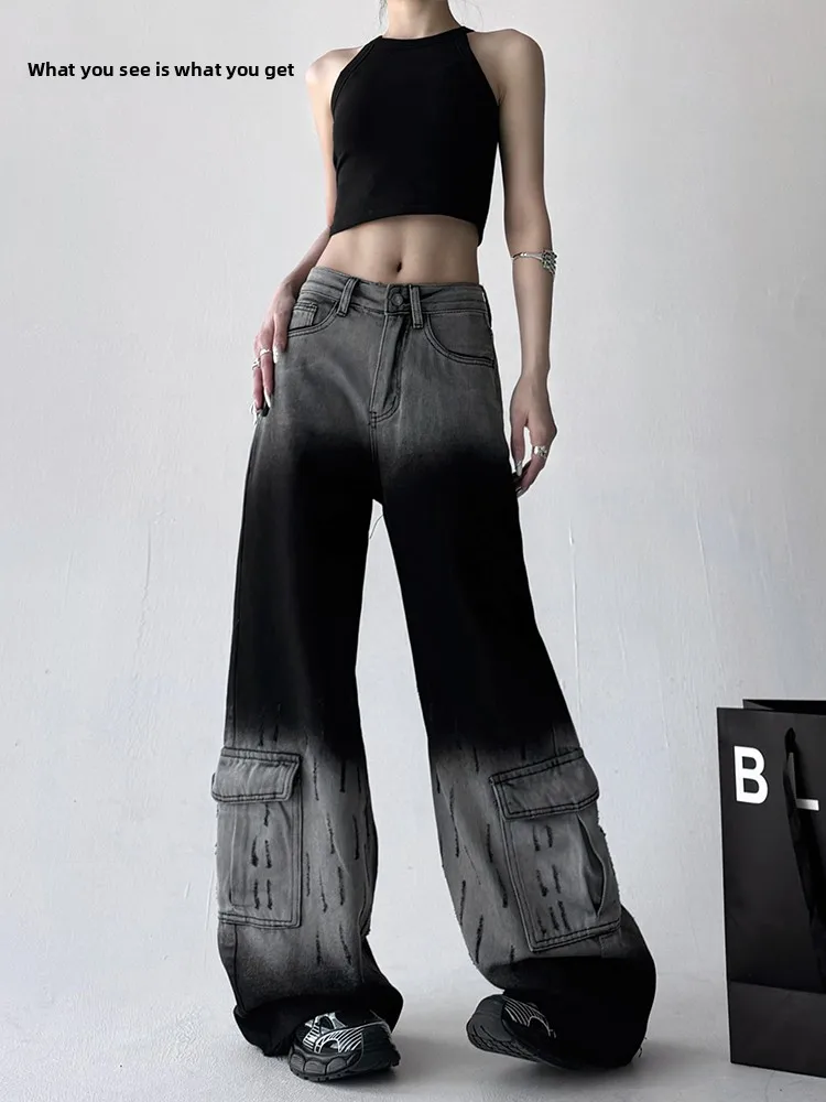 Pantalones de trabajo de pierna ancha de cintura alta Retro para mujer primavera 2025 adelgazantes Color adient más alto corte recto pantalones vaqueros de mezclilla