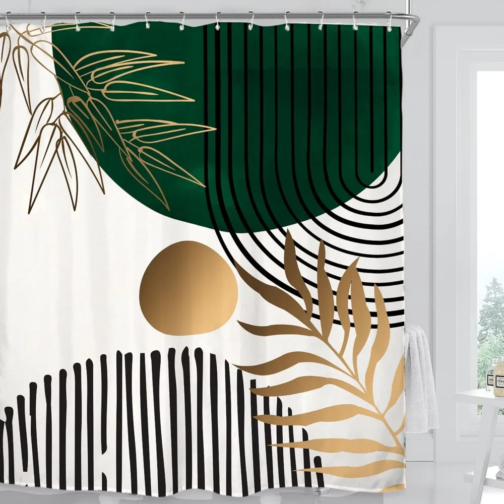 Abstract Leaves Shower Curtain Emerald Green Modern Tropical Simple Minimalist Chic Waterproof Bathroom Curtain with 12 Hooks