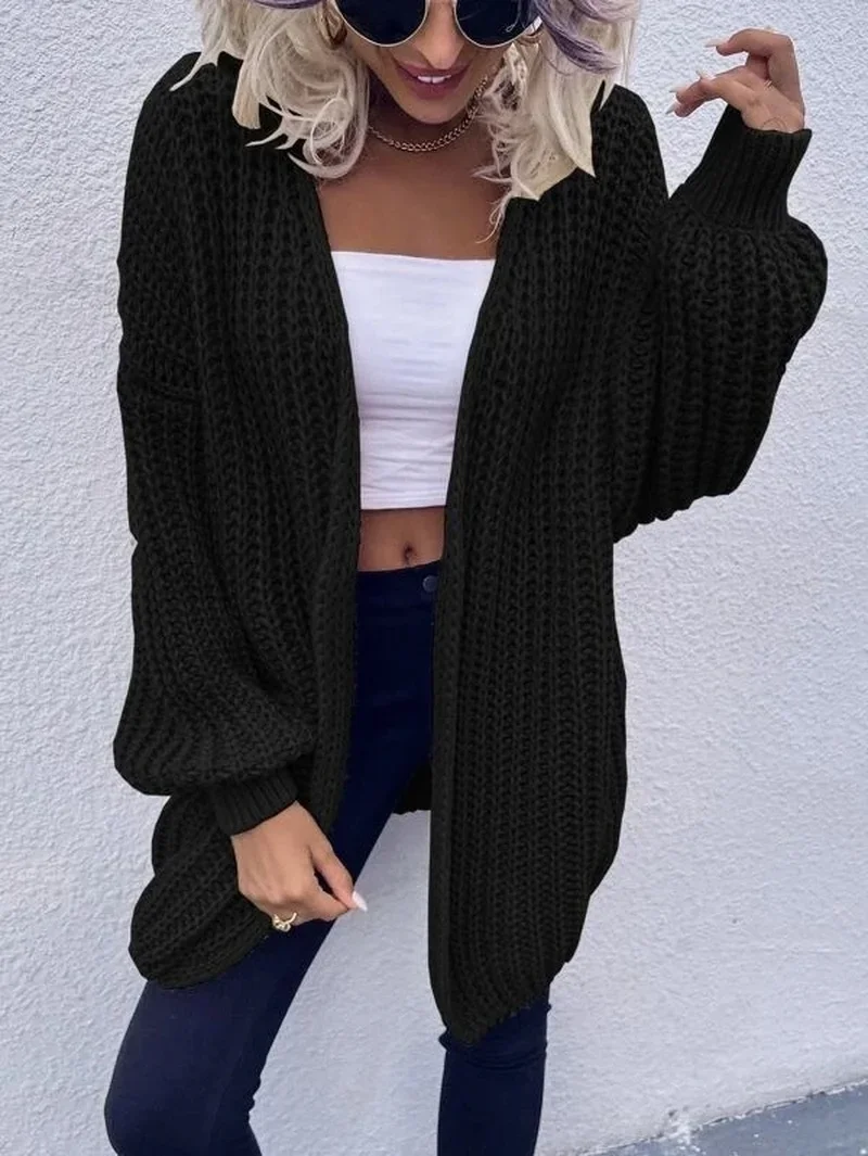 Women Loose Cardigan Lantern Sleeve v-neck full sleevel autumn winter spring knitted sweater solid grey black brown pink coat