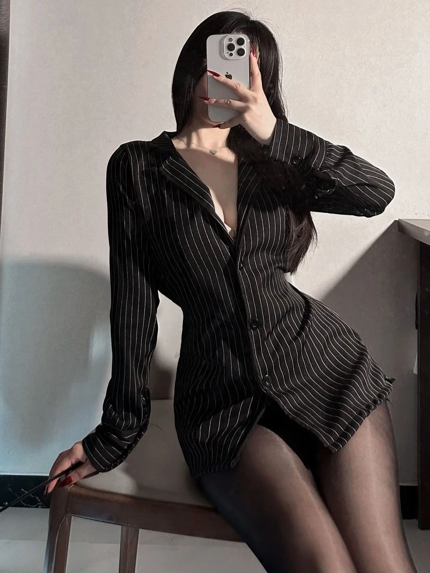 Abstinence Secretary Underwear Professional Striped Shirt Women\'s Long Black Pure Desire Waist Wearing High end Women dress 9ZF6