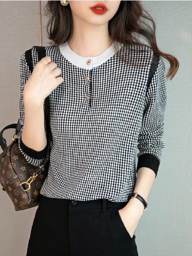 Autumn Knit Top Women Sweater Loose Pullover Black White Plaid Woman Clothes Blous Long Sleeve Top Grace Feminine Knited Sweater