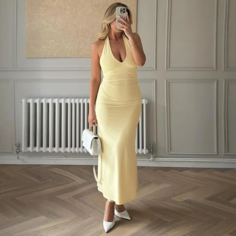

TARUXY Sexy Backless Halter Long Dress Female Fashion Sleeveless Elegant Banquet Dress High Street Bodycon Female Clothes Solid