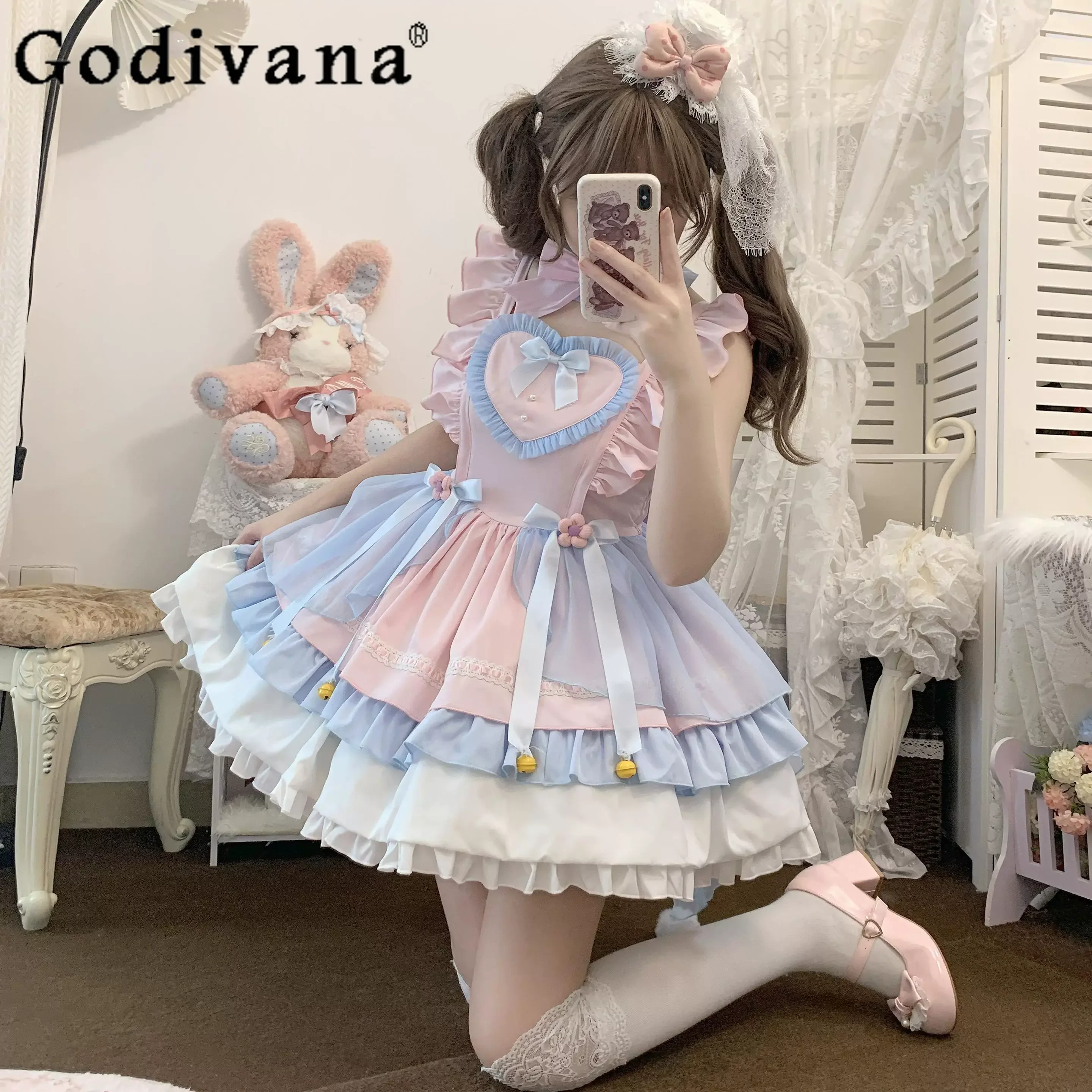 

Japanese Style Lolita Suspender Dress Jsk Women's Cute Girls Sweet Kawaii Bow Short Dresses Y2k Maid Costume Spring and Summer