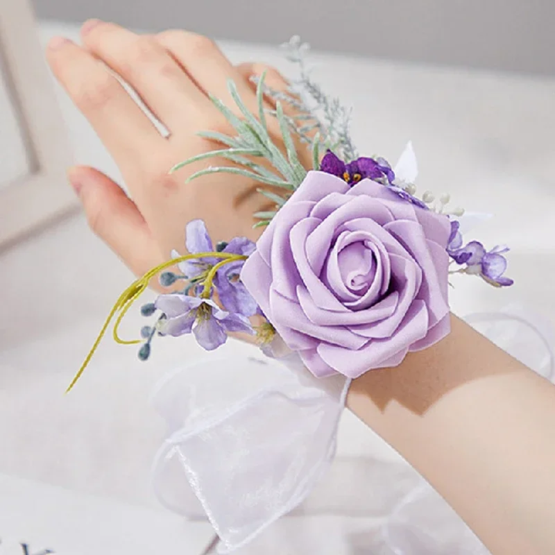 Purple Corsage and Boutonniere Prom Artificial Flower Wrist Corsage Bracelets Homecoming Corsage Wristlet Boutonniere for Men