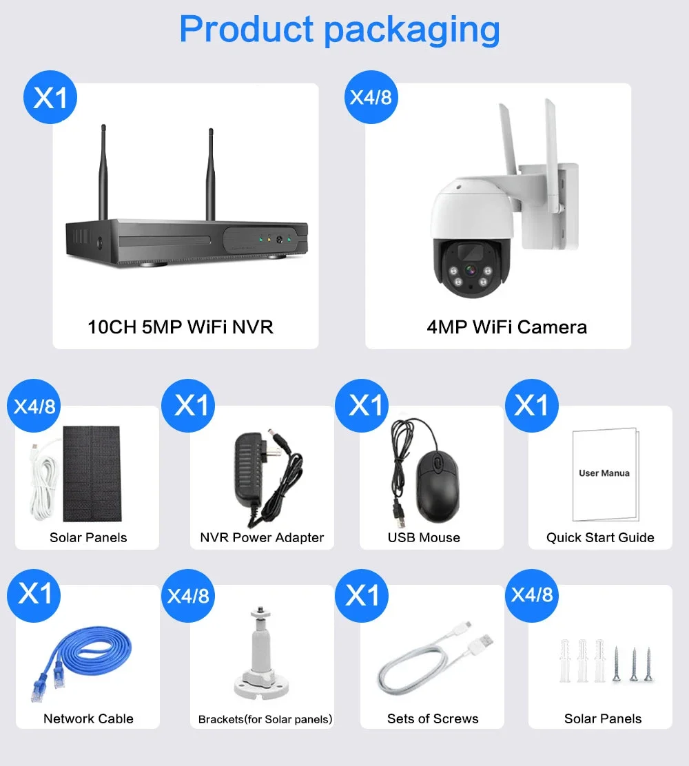 ชุดกล้องวงจรปิดไร้สาย 8CH 4MP Wifi NVR พร้อมกล้องโซลาร์เซลล์ กล้องวงจรปิดภายนอกอาคาร กันน้ำ ระบบกล้องรักษาความปลอดภัยแบบใช้แบตเตอรี่พลังงานแสงอาทิตย์
