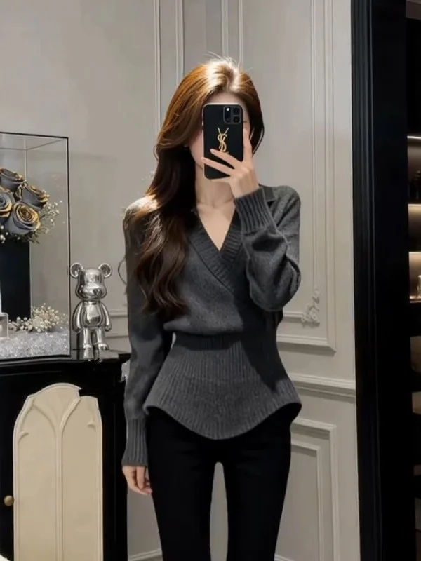 

Женский вязаный свитер с V-образным вырезом и длинными рукавами, теплый зимний облегающий пуловер с высоким воротником, мягкий хлопковый винтажный топ