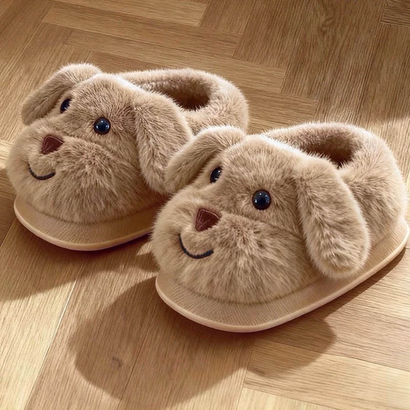 Toddler Kids Puppy Fuzzy House Slippers, Cute Dog Face Design, Slip On Closure, Thick Non Slip Sole, Warm Indoor Slippers