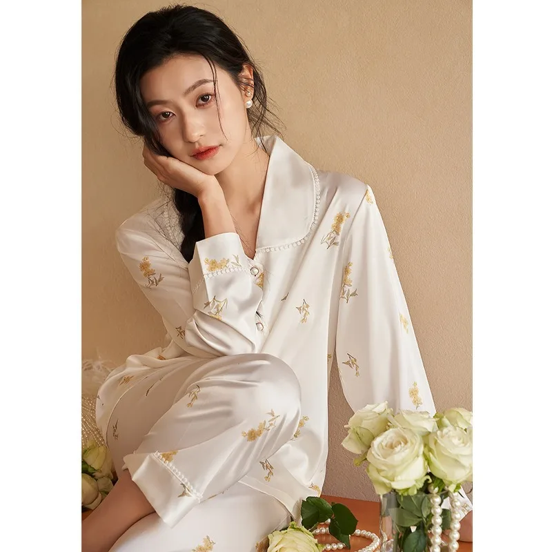 

Spring Long-sleeved Ice Silk Pajamas Two-piece Set for Women Shirt Trousers Suit Fashionable Luxury Thin Home Clothes