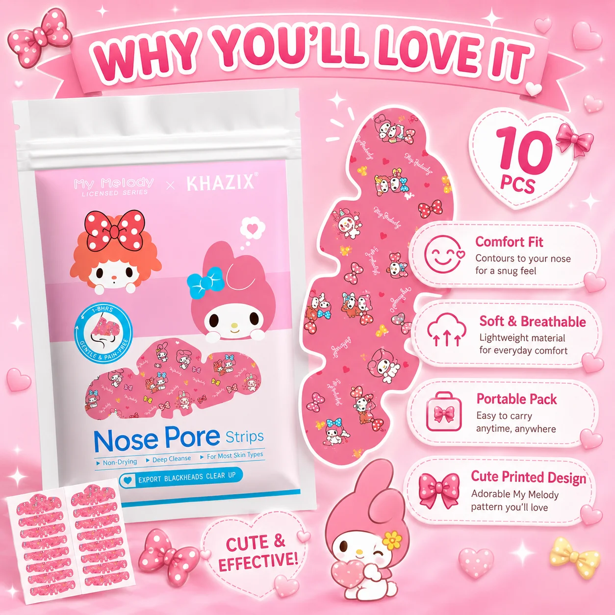 1/10pcs Hello Kitty Nose Pore Strips 10PCS Cute Cartoon Design Nose Stickers Kawaii Beauty Care Gift for Women