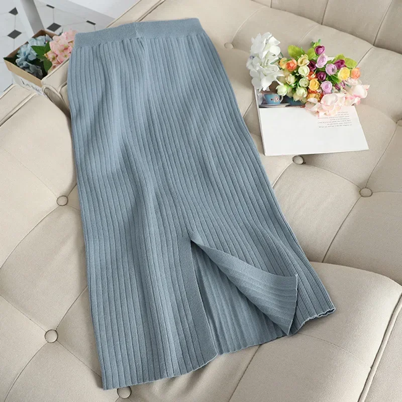 2024 Spring Fashion Two Piece Set Women Blouse Patchwork Pullover Knitwear And Split Slim Knit Mid Skirt Women's Elegant Suits
