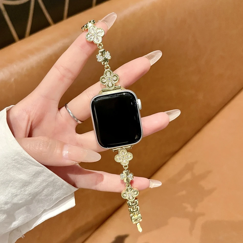 Zircon Fireworks Four Leaf Clover Strap For Apple Watch Band 38 40 41 44 42 45 49mm Bracelets iWatch Series 9 8 7 6 5 4 SE Ultra