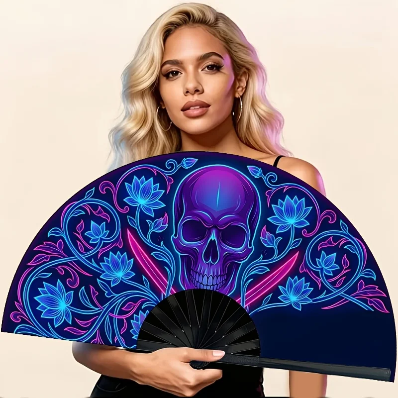 Neon Gothic Cyberpunk Handheld Fan, Skull Flower Design, Portable Cooling Fan Suitable for Daily Use, Outdoor, Office, Elegant Decorative Additions for Weddings, Parties, And Etiquette Companions