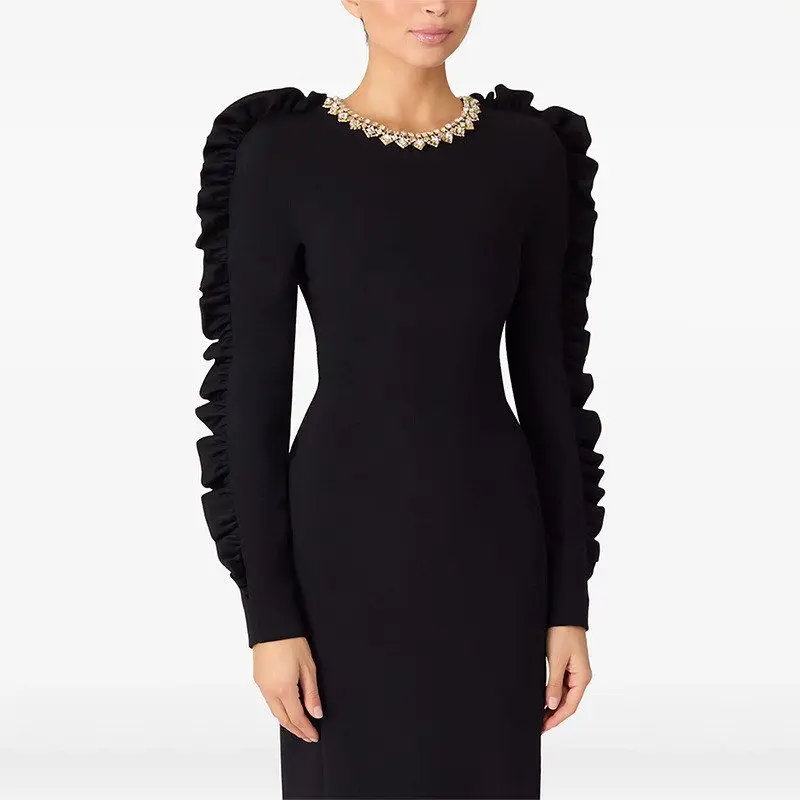 

Early Autumn 2026 Long Sleeve Midi Dress Celebrity Fashion Wooden Decoration 3D Embellishment Women's Dress City Walk