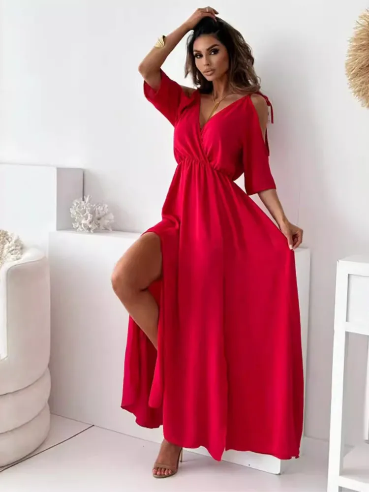 Summer New V-neck Skirt Slit Dress Off-shoulder Sleeves Sexy Suspender Dress Fashion Elegant Casual Loose Beach Party Dresses