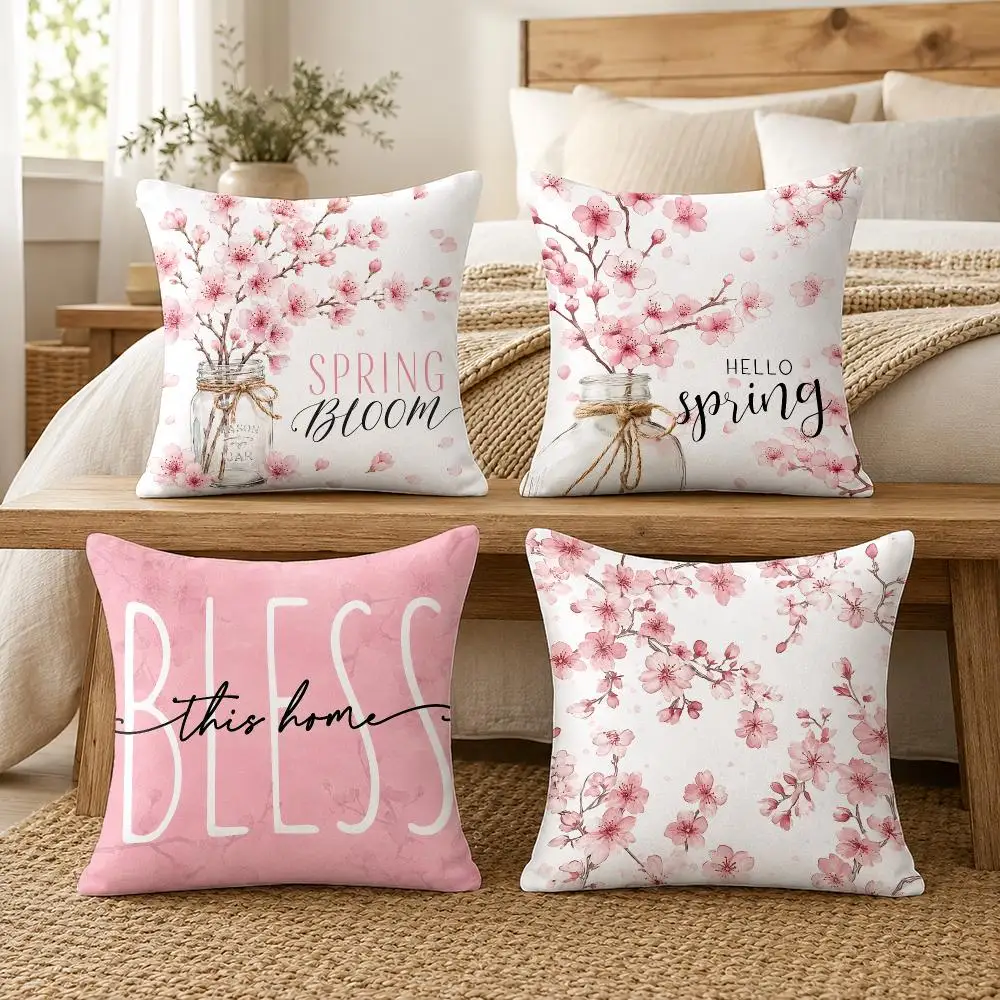 Cherry Blossom Joy Cushion Cover Silky Short Plush Invisible Zipper Dustproof Sofa Pillow Case For Home Decor
