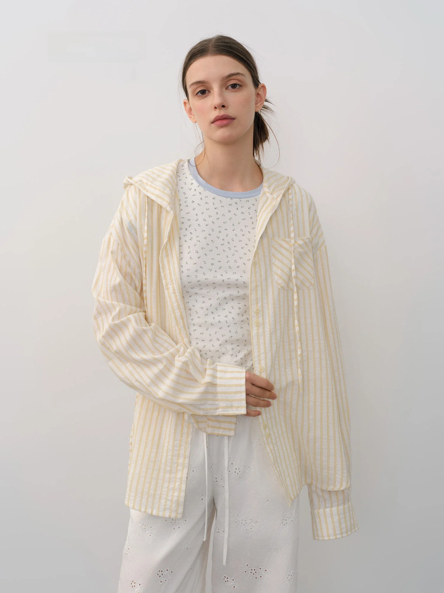 

GLYSIX Yellow Lightweight Lazy Loose Fit Striped Hoodie Shirt Belted Sun Protection Versatile Long Sleeve Cotton Polyester Sp...