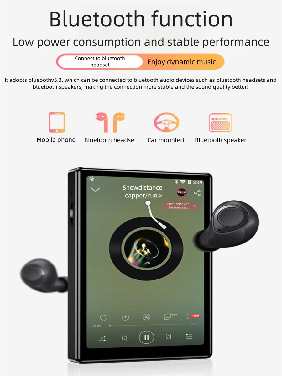مشغل Mp4 بلوتوث 4.0 بوصة تعمل باللمس أندرويد 8.1 HiFi بدون فقدان الموسيقى Type-C مشغل Mp3 جهاز Walkman الرياضي مع راديو FM