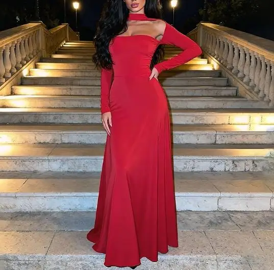 

Women's Dress 2026 Summer Slim Fit Classic Square Neck Elegant and Simple Solid Color High Waisted Long Sleeved Banquet Dress