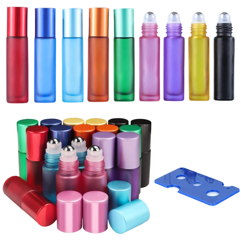 30Pcs 5/10ml Frosted Glass Essential Oils Roller Bottles with Opener Funnels Refillable Travel Roll-on Vials For Aromatherapy