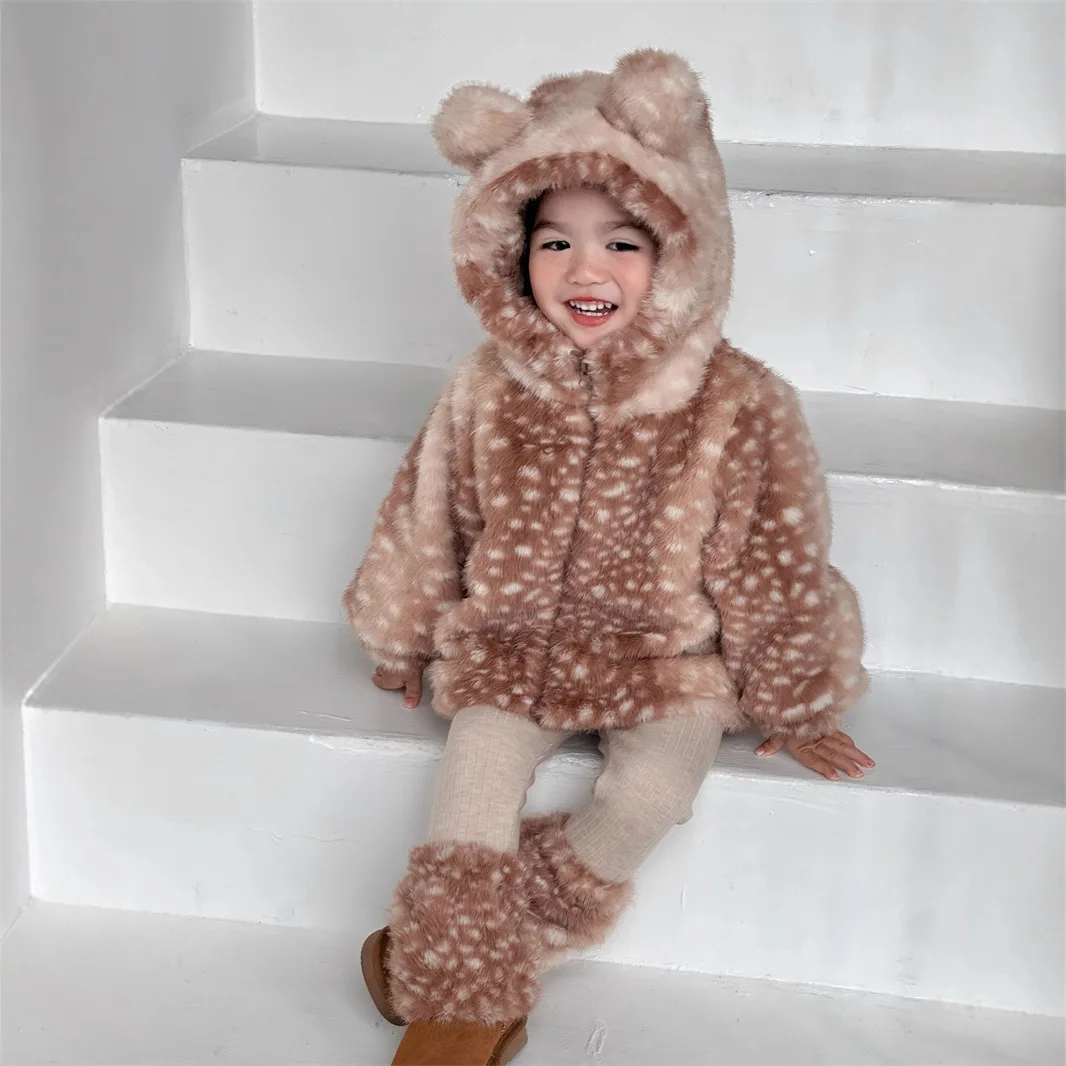 Boys and Girls Fleece Thickened Modern No Hair Shedding Retro Deer Pattern Spotted Fur Hooded Ear Jacket