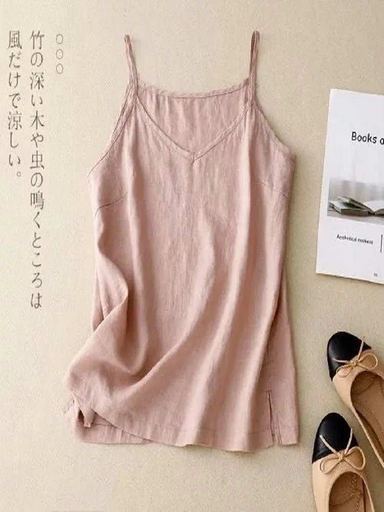 Womens Cotton Linen Vest Solid Color Sleeveless Top