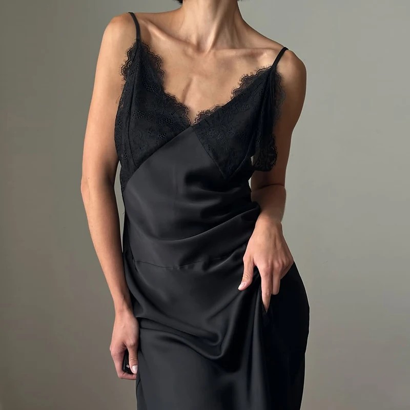 Lace Splice Slit Dress For Women Sleeveless Maxi Spaghetti Strap Sexy Dresses Satin Vacation Party Bodyocn Dress Vestidos