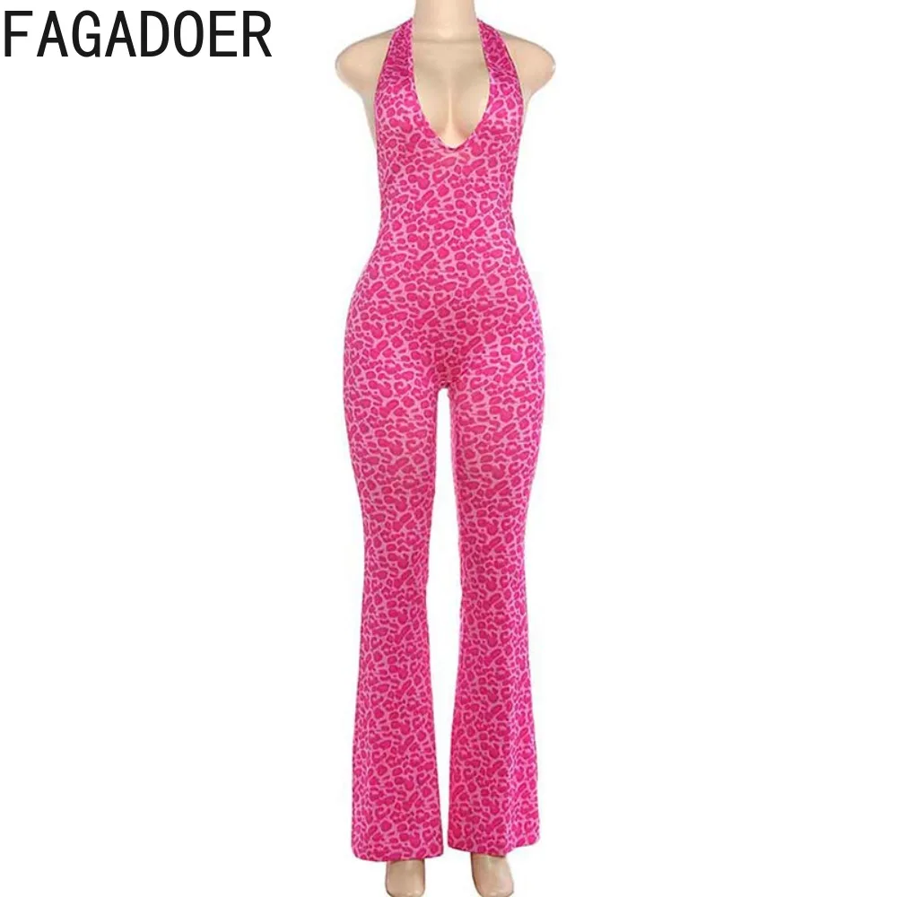 FAGADOER Sexy Leopard Print Patchwork Bodycon Jumpsuits Woman Halter Deep V-neck Sleeveless Rompers Female Streetwear Overalls