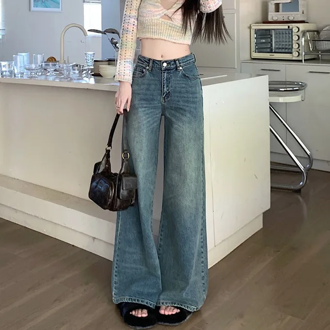 

H.sa Retro high-waisted straight jeans new distressed wide-leg pants loose floor-length pants Wide leg pants Women Spring