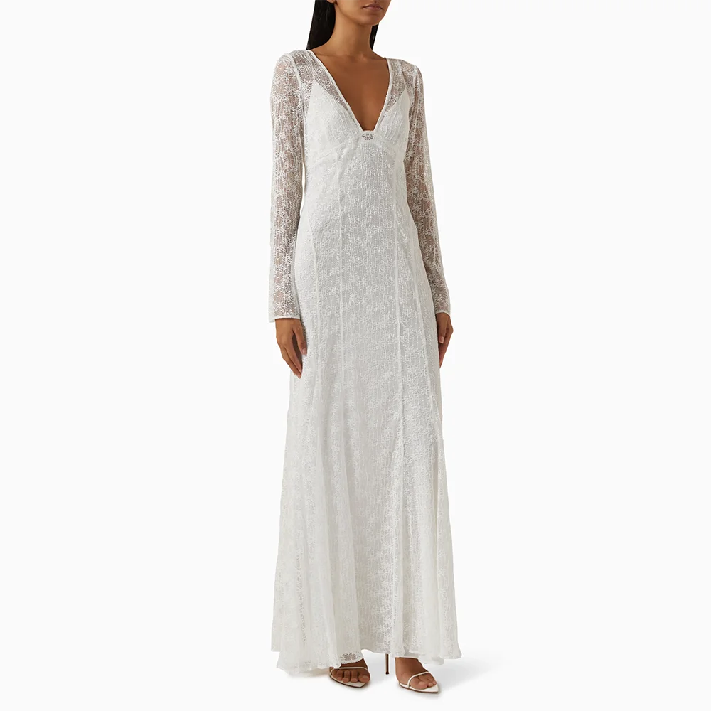 

Elegant White Evening Dress V-Neck Long Sleeves Evening Gowns Lace Mermaid Ankle Length Formal Prom Dresses Customized