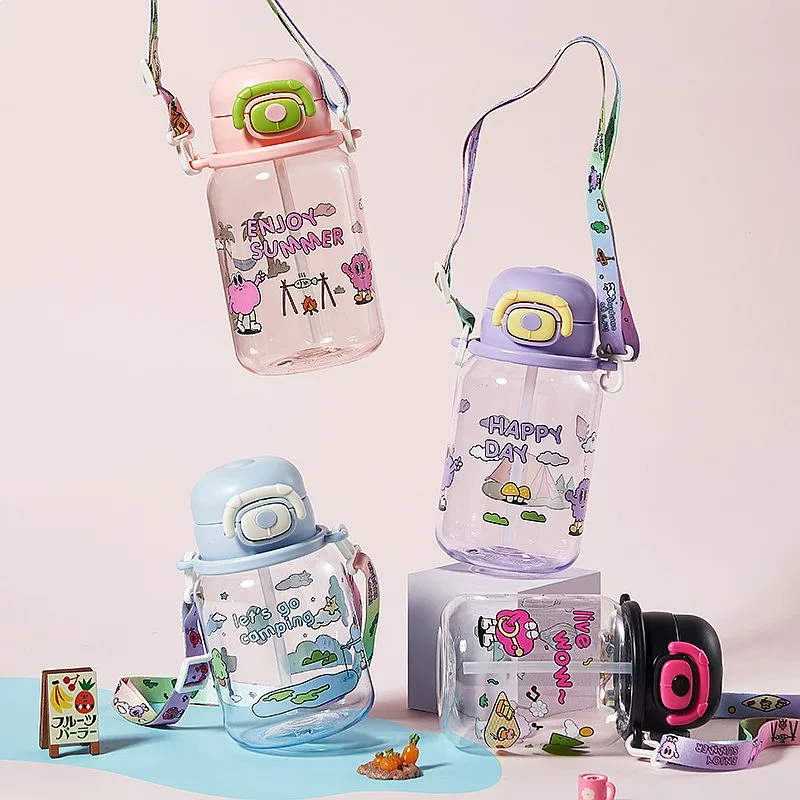Cute Cartoon Kids Water Bottle Student Straw Cup Portable Summer Plastic Tumbler For Boys Girls Drop Resistant Travel Gift Set