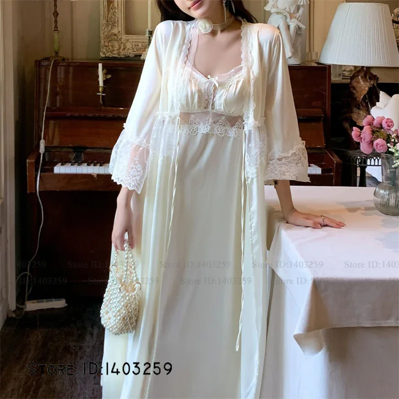 Female Twinset Robe Set Elegant French Style Lace Bathrobe Gown Sleepwear Sexy Lingerie Suspender Nightgown Silky Satin Homewear view 5