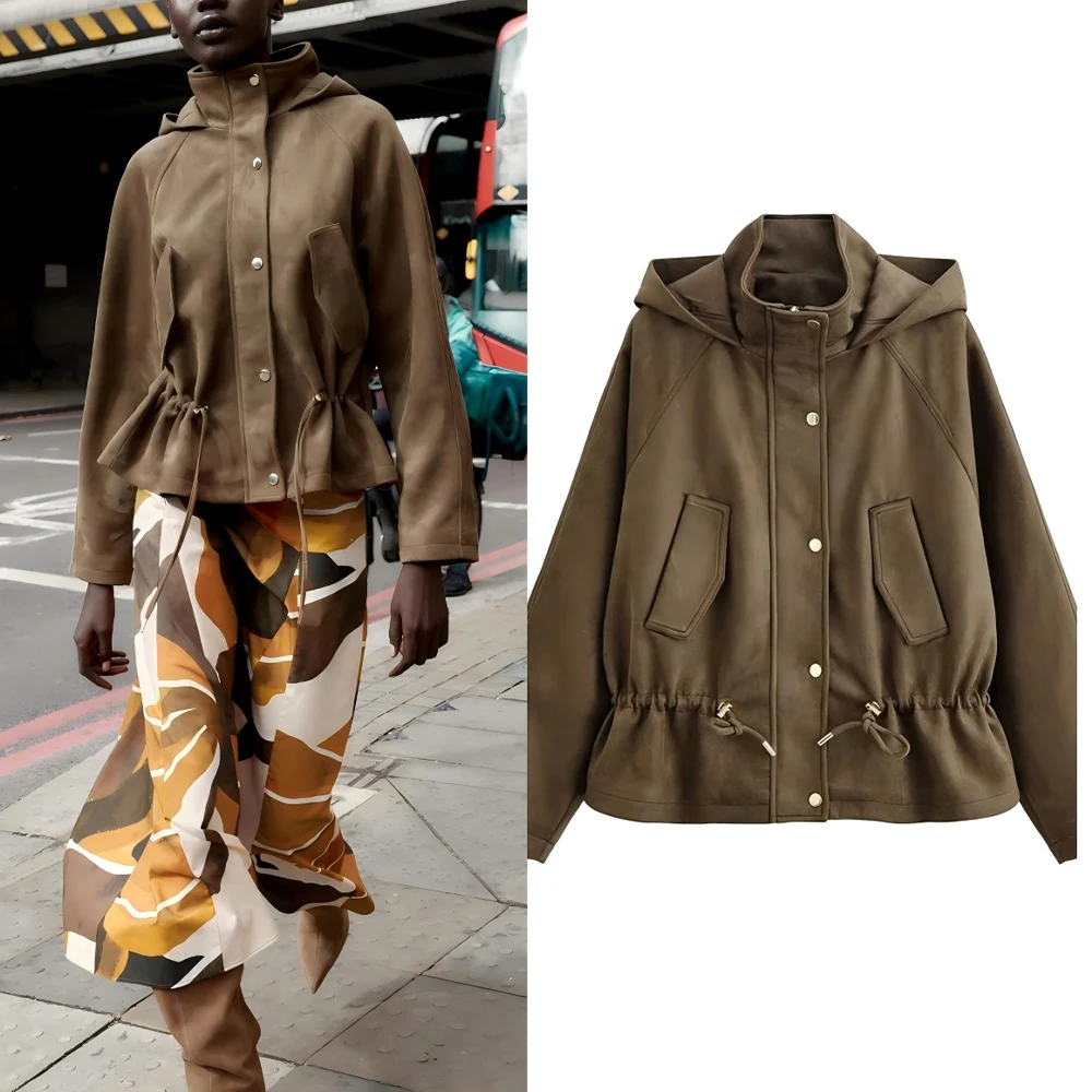 

Новая женская мода на шнурке, повседневная замшевая текстурированная куртка с капюшоном, пальто в стиле ретро, женское пальто на молнии с длинными рукавами, шикарный топ