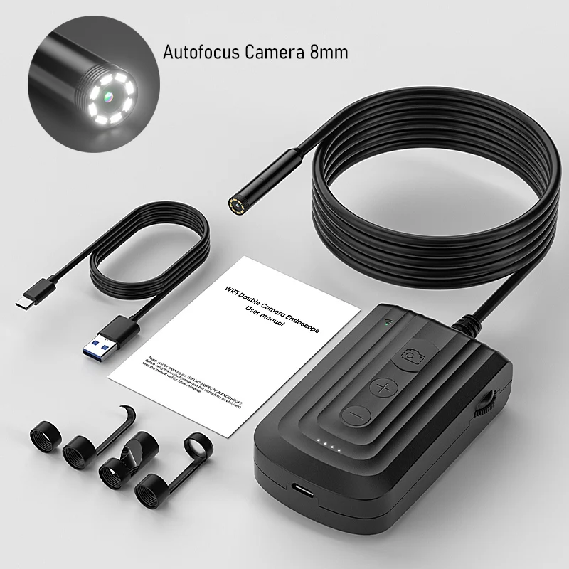 WiFi Industrial Endoscope Camera for IPhone/Android Phones 1920P HD Auto Focus Lens 8mm IP67 Waterproof Borescope 2600mAh