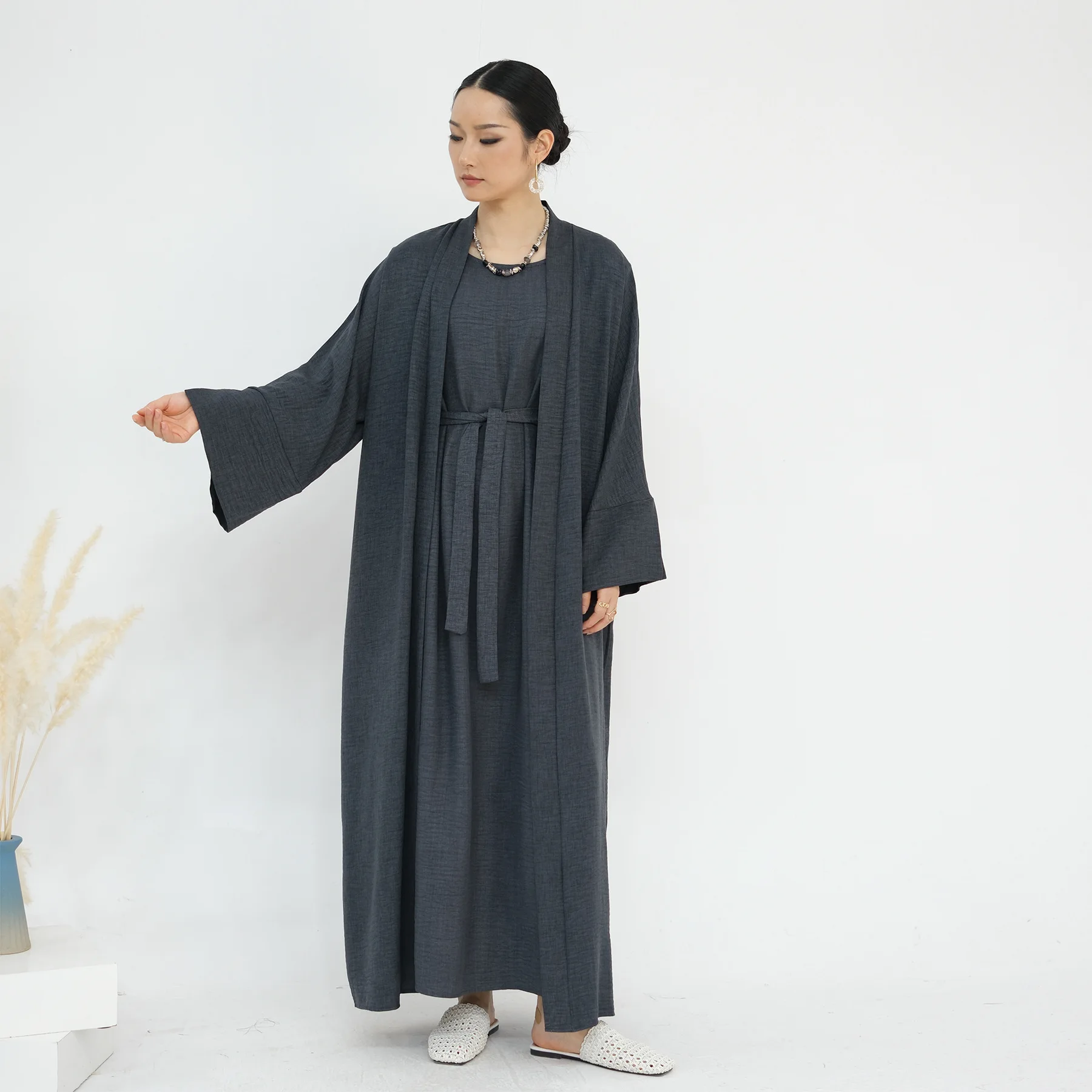 

Eid Ramadan 2 Piece Dress Abaya Dubai Set With Belt Muslim Prayer Clothes Women Dresses Caftan Marocain Robe Femme Musulmane