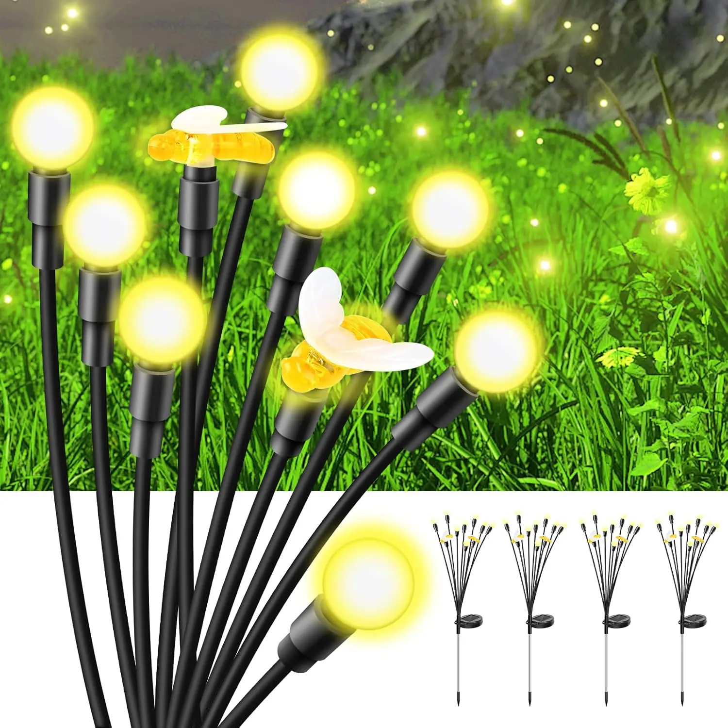 

Солнечные садовые фонари (4 шт., 40 светодиодов) Теплый белый, ветрозащитные фонари для патио для наружного украшения