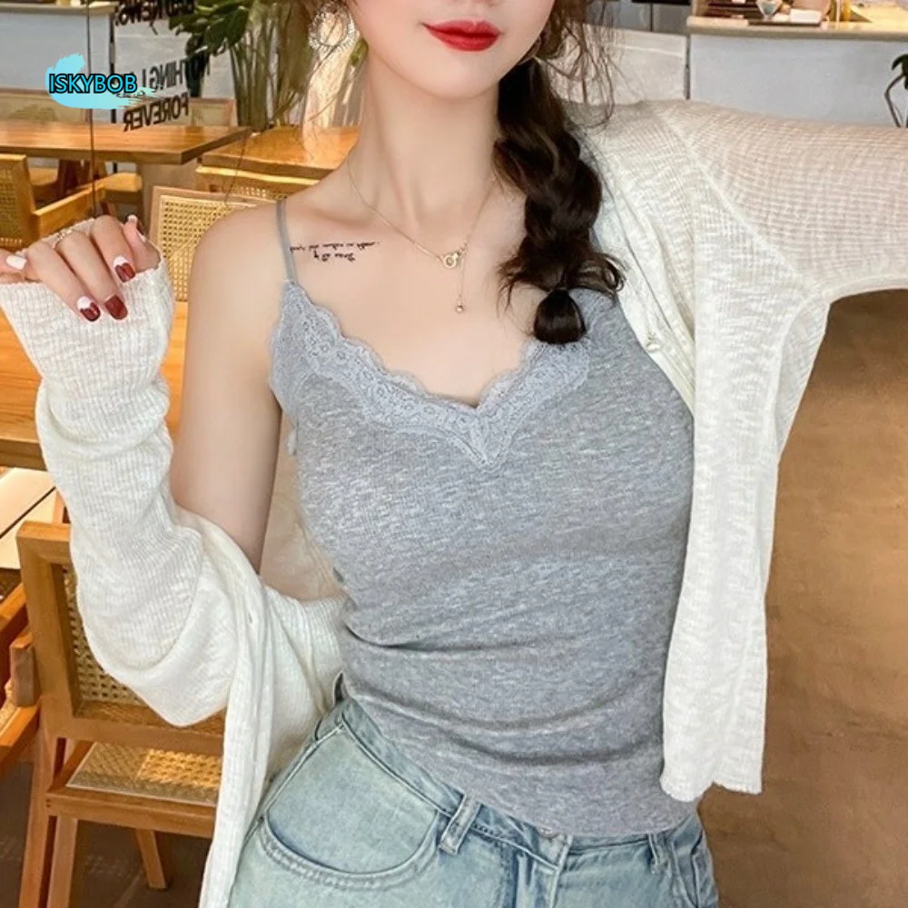 

Solid Color Sleeveless Slim Lace Crop Top V-neck Patchwork Camisole with Pads French Style Bottoming Shirt Girl's Vest Top Lady