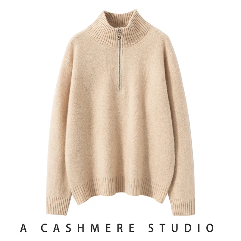 High-quality Autumn Winter Women\'s 100% Cashmere Sweater Half High Collar Fashion Thicken Tops Female Loose Solid Knit Pullover