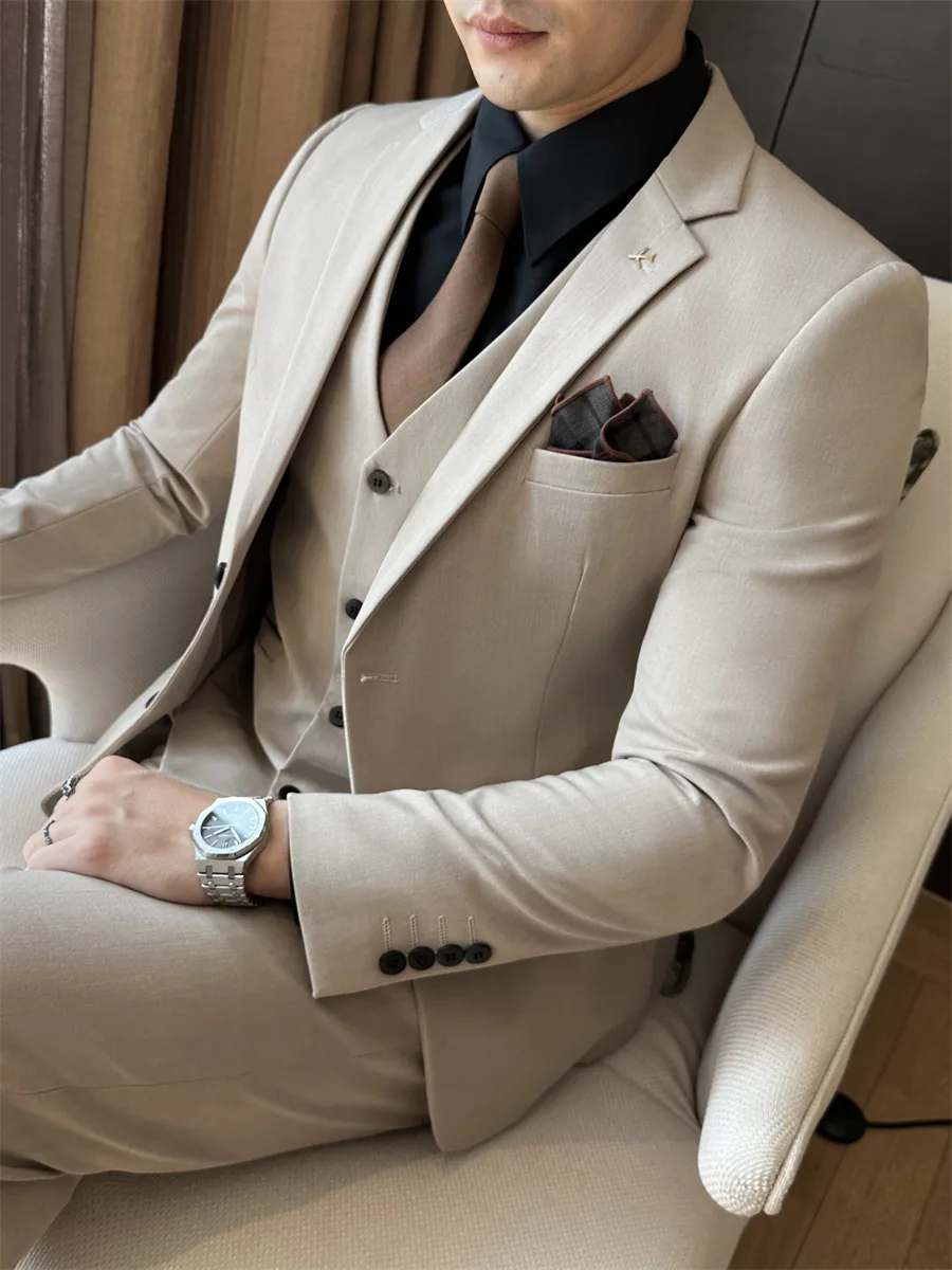 H171 Business casual solid color temperament dress three-piece suit formal suit jacket double-breasted suit suit men